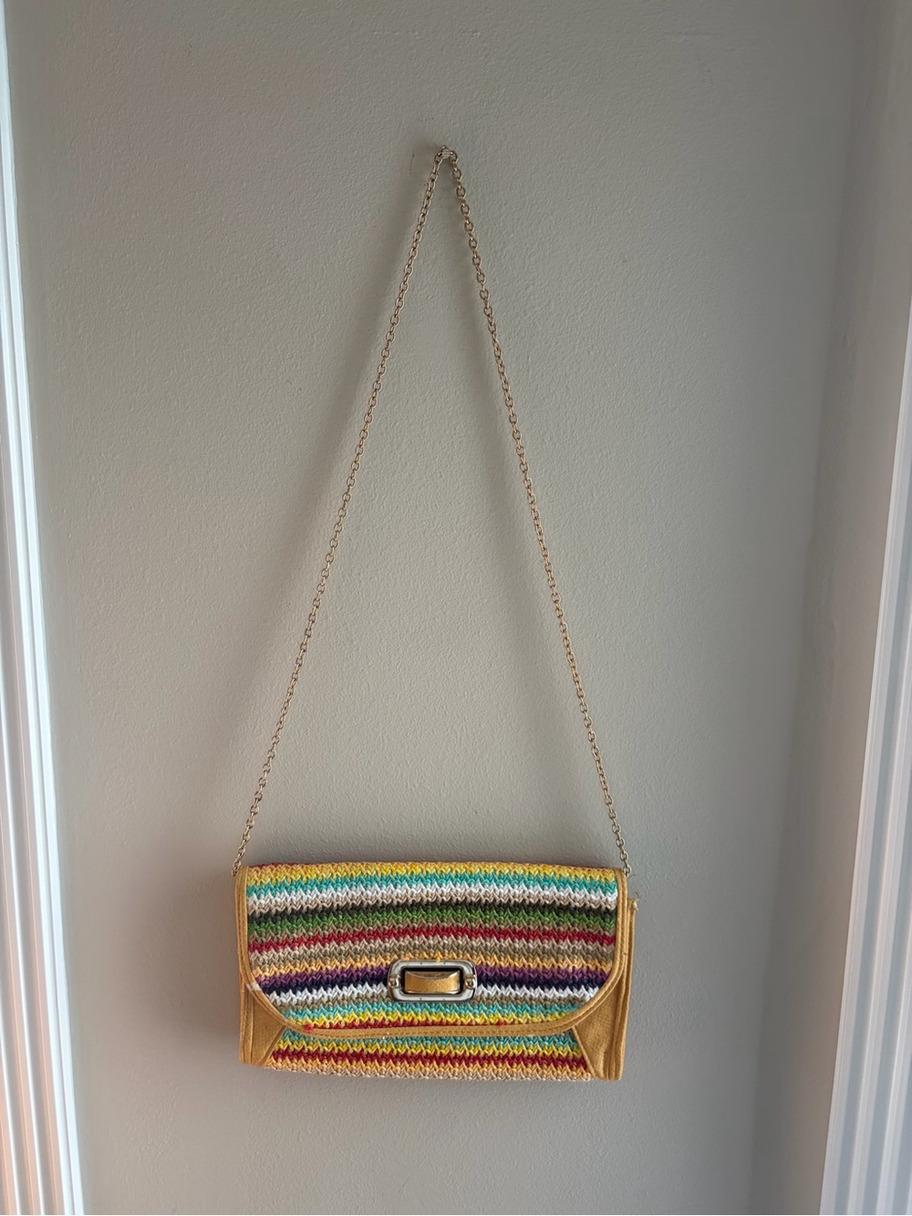 Vintage J Francis Rainbow Crochet Woven Clutch Crossbody Chain Boho Chevron